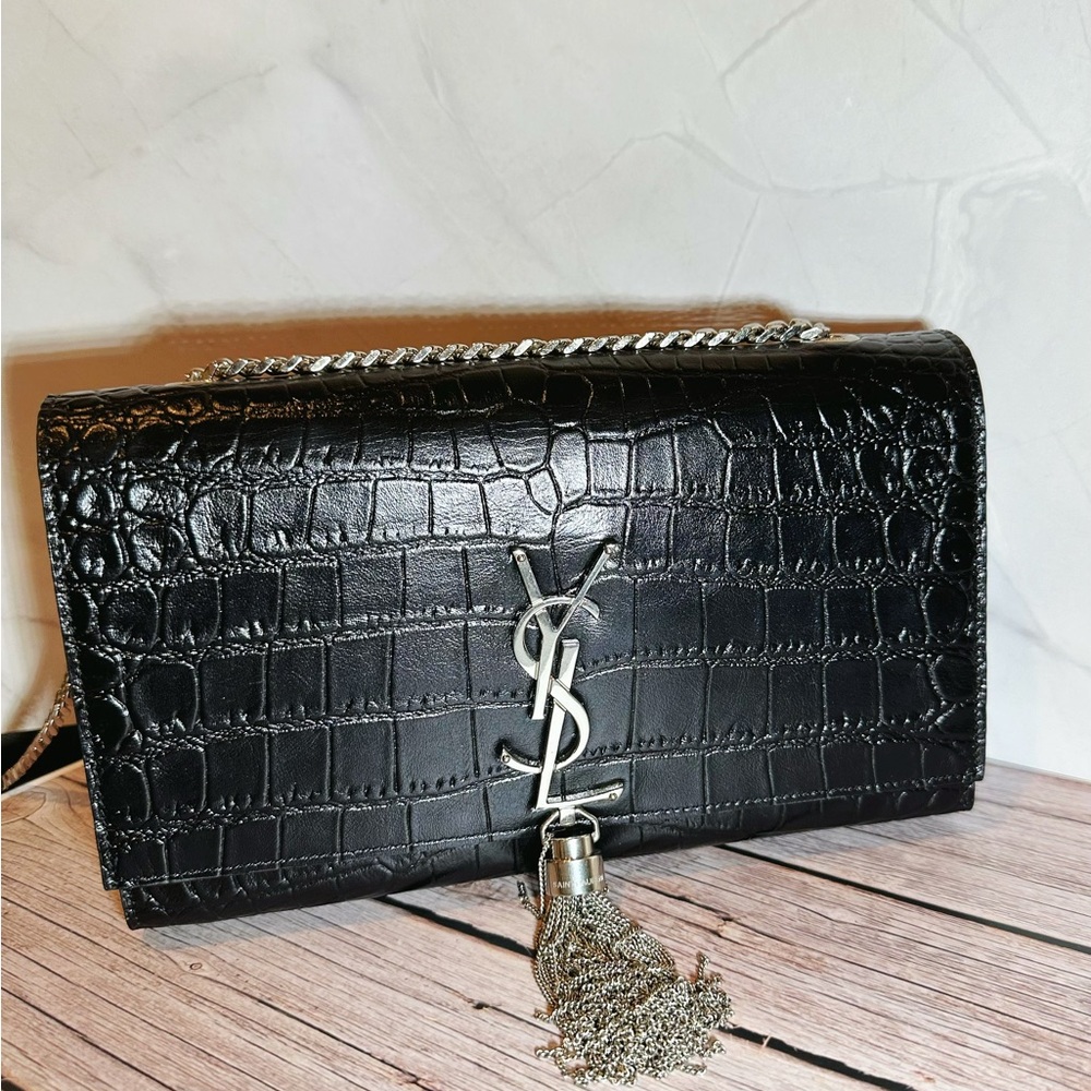 Saint Laurent Black Croc Embossed Tassel Chain Purse